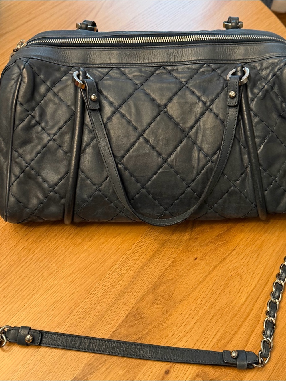 CHANEL Blue Diamond Quilted Leather Bowling Satchel with Chain Strap - Picture 11 of 16